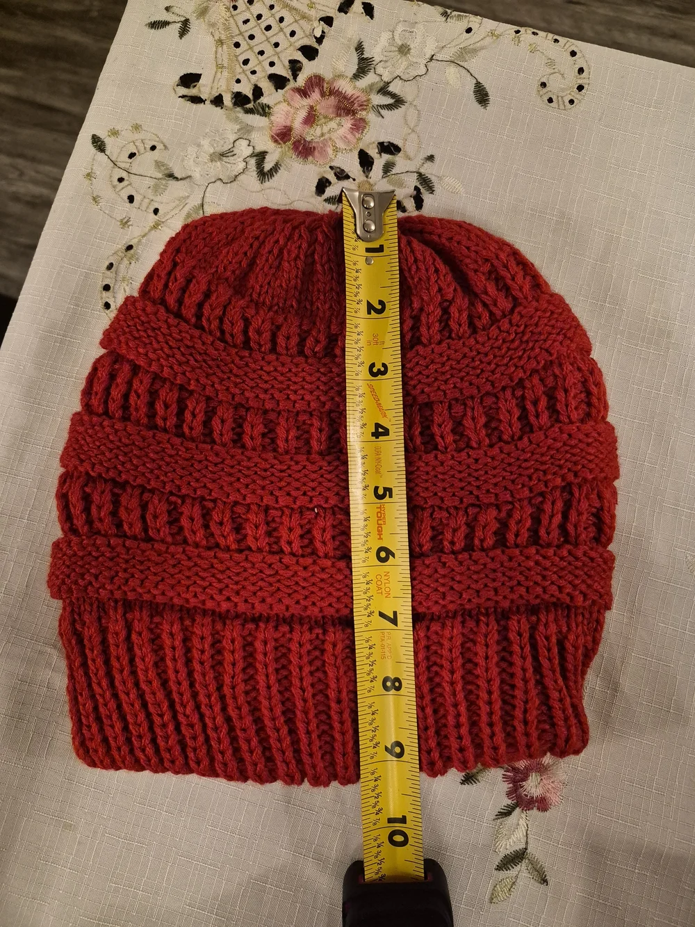 Women’s Red Knit Beanie & Touchscreen Gloves Set with Plaid Scarf